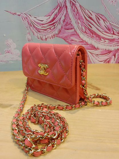 Chanel VIC Gift Quilted Mini Wallet on Chain in Pink/Coral Apricot MIcrochipped