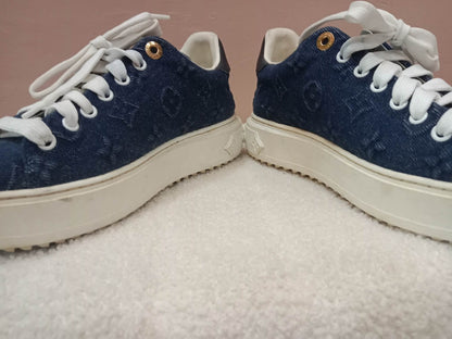 Louis Vuitton Time Out Sneakers Dark Blue Denim Monogram Embossed Pattern Size 37.5