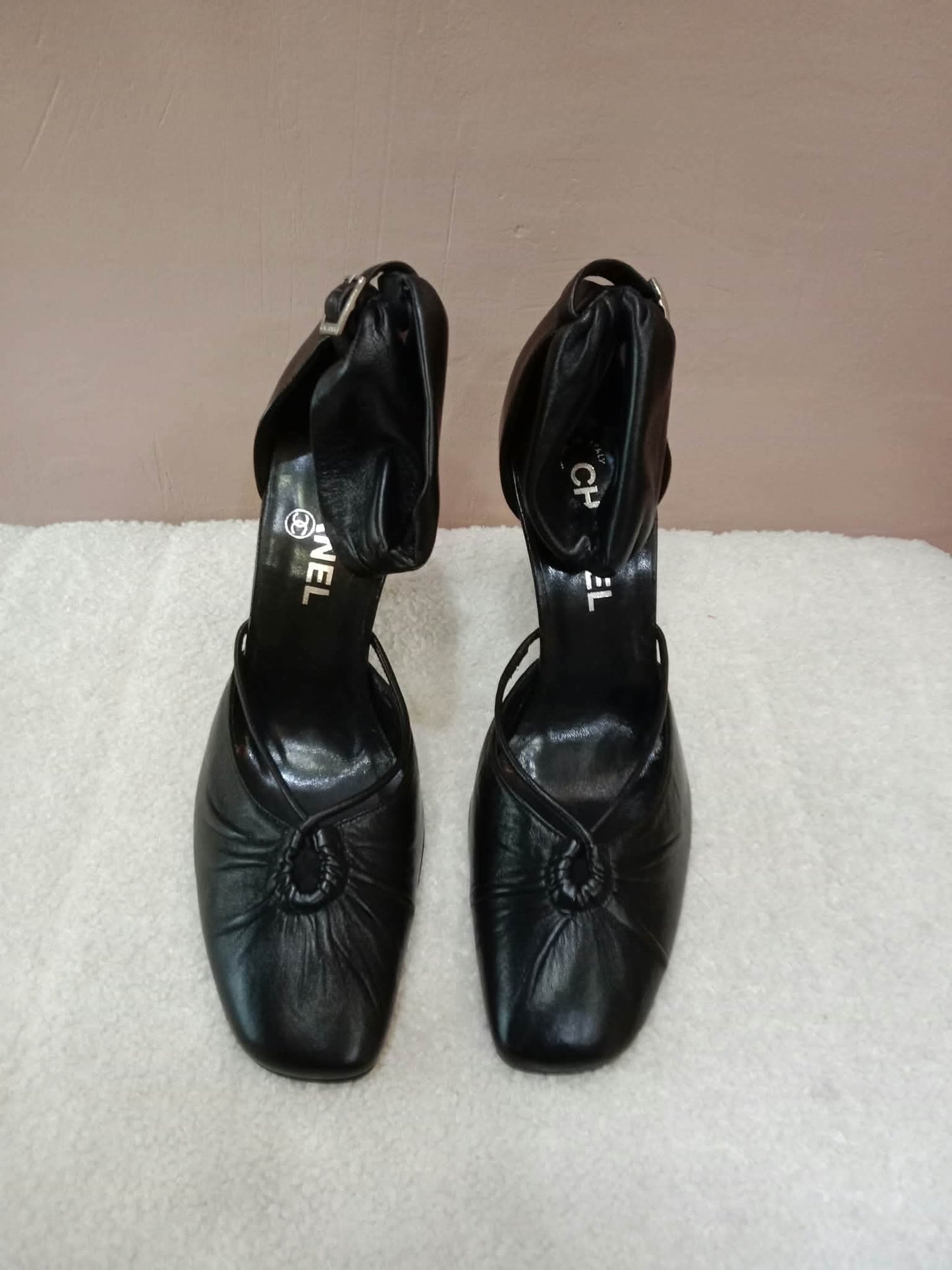 Chanel Black Leather Heels Knotted Toe Design and Draped Ankle Cuff Black Size 38