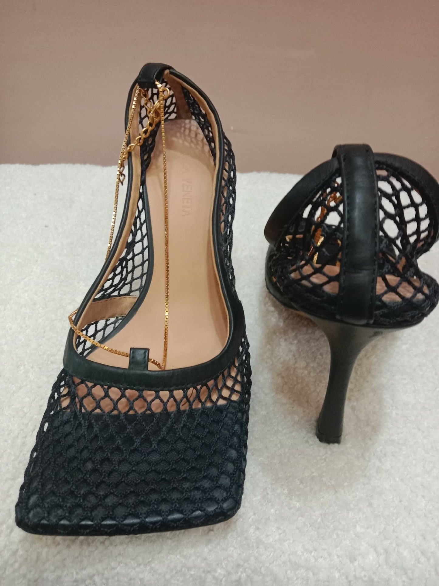 Bottega Veneta Stretch Pumps Black Mesh Square Toe Size 36