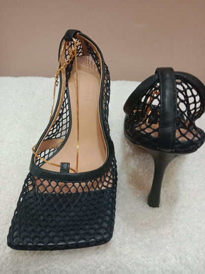 Bottega Veneta Stretch Pumps Black Mesh Square Toe Size 36