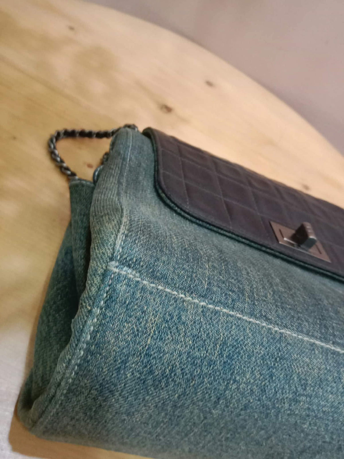 Chanel Vintage Denim and Leather Chocolate Bar Blue Green Denim Series 6