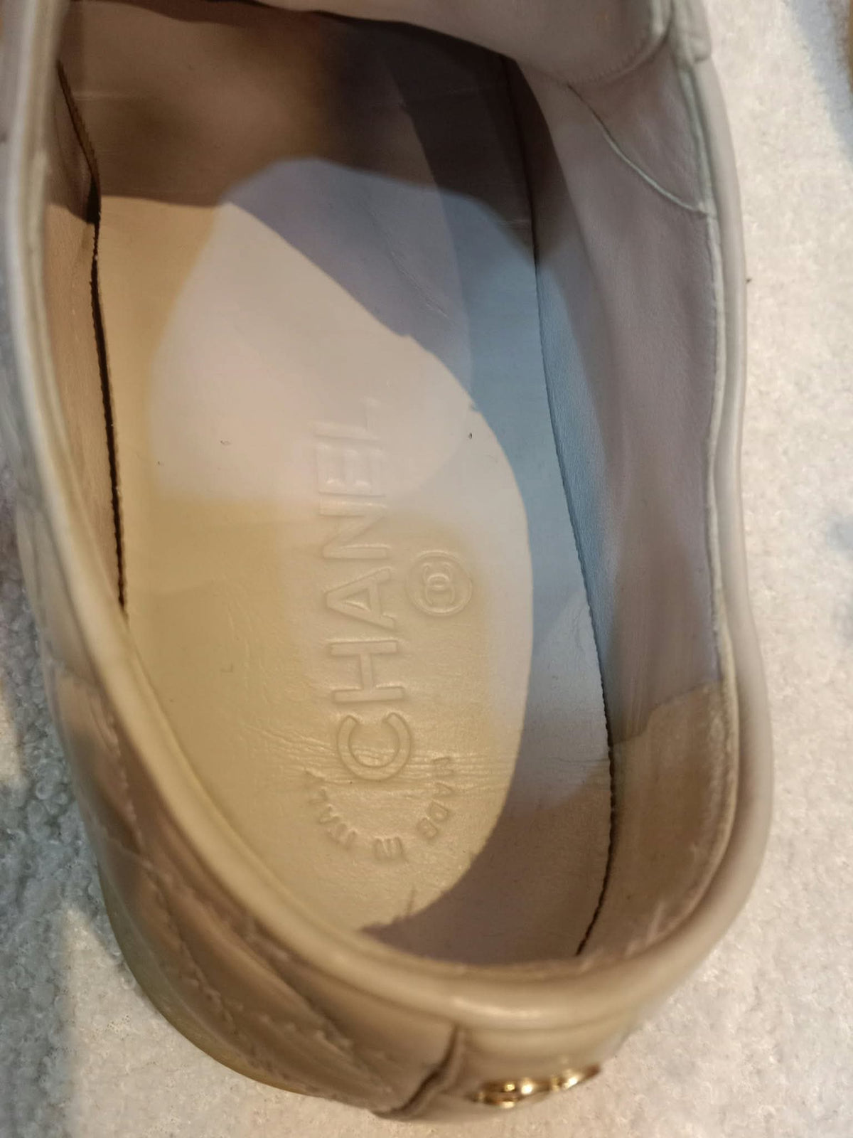 Chanel Interlocking CC Logo Metallic Gold/Beige Lace-up Sneakers with Black Cap Toe Size 35