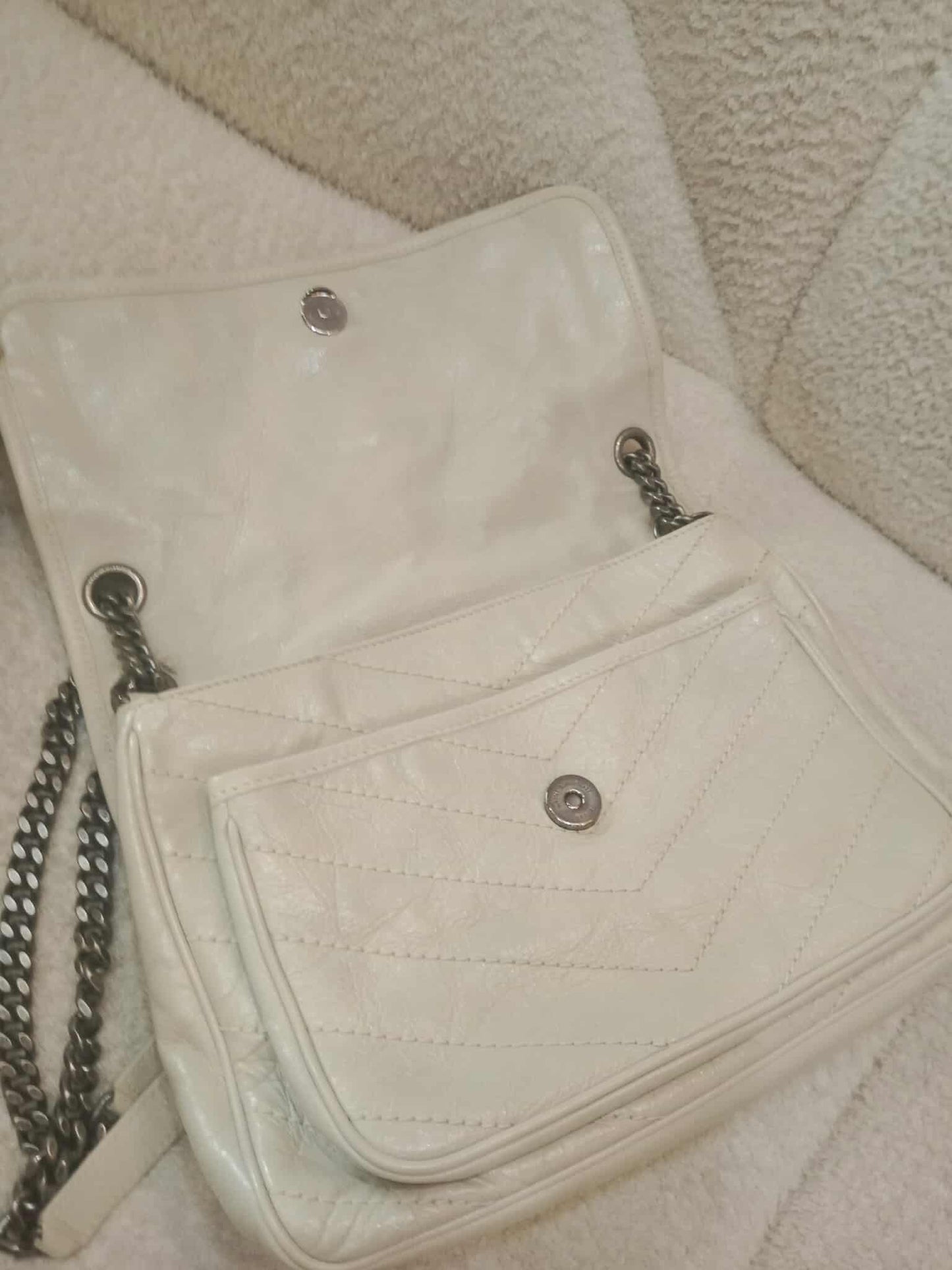 Saint Laurent Niki Medium Shoulder Bag in White Quilted Calfskin