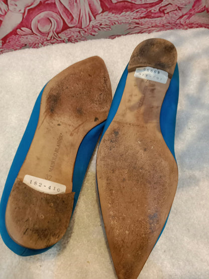 Manolo Blahnik Blue Satin Jewel Buckle Flat Pumps Size 37