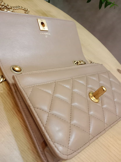 Chanel Quilted Wallet On Chain Lambskin Beige Microchipped