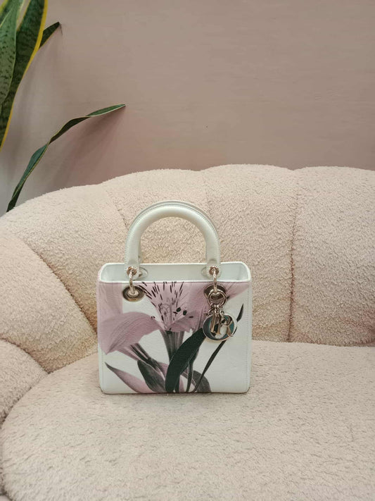 Dior White Floral Printed Lady Dior Medium