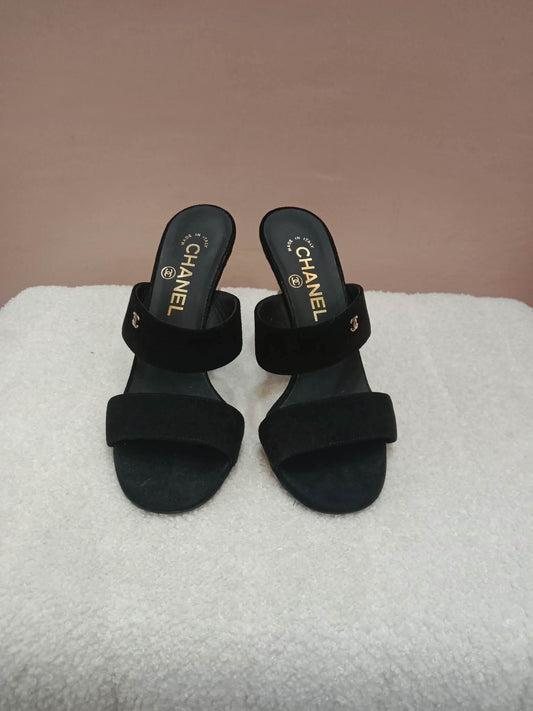 Chanel Pearl Heel Mules Black Suede with Pearl Embedded Heels Size 36