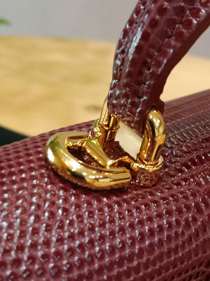 Chanel Tophandle Lizard Embossed Calfskin Clutch Dar Burgundy Microchipped