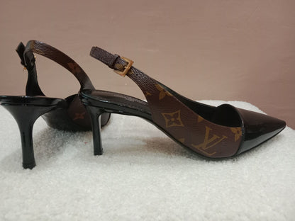 Louis Vuitton Archlight Slingback Pumps Toe Cap Patent Black Monogram Canvas Size 35.5