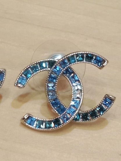 Chanel CC Silver Blue Princess Crystal Stud Earrings