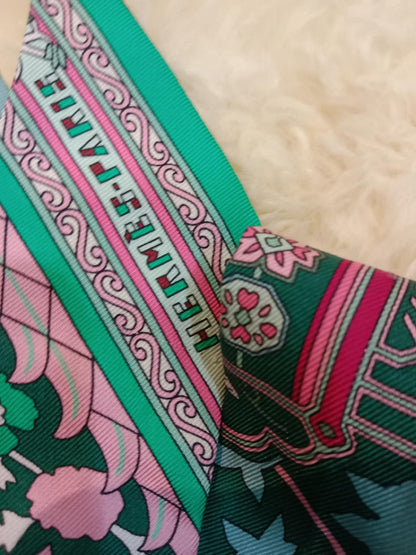 Hermes Tapis Persans Silk Twilly Scarf Featuring an Intricate Floral Pattern in Teal Green/Blue/Pink