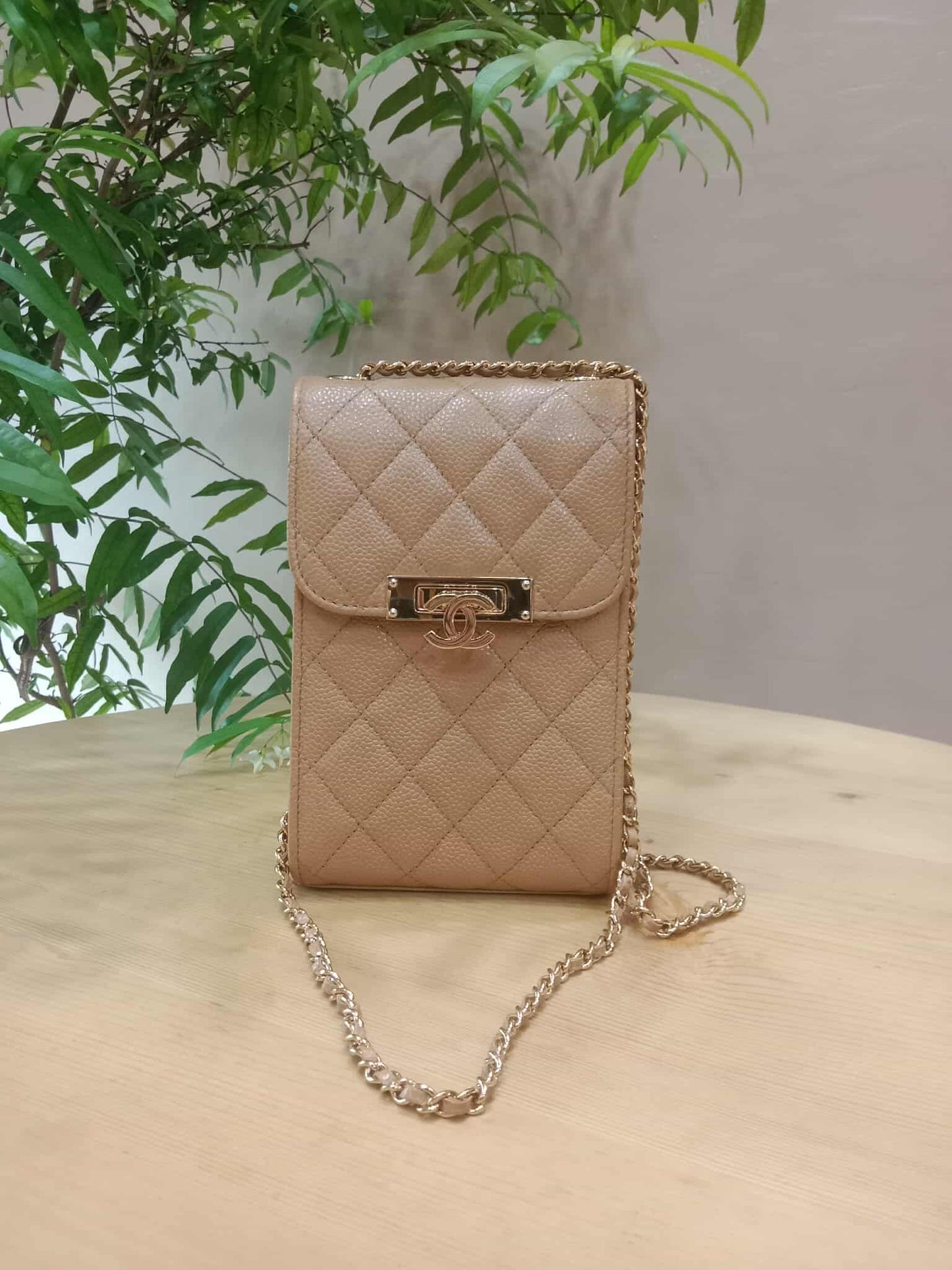 Chanel Golden Class Phone Holder Caviar Crossbody Bag Beige Series 25