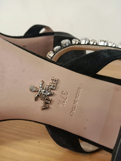 Prada Black Satin Crystal-Embellished Sandals Size 37