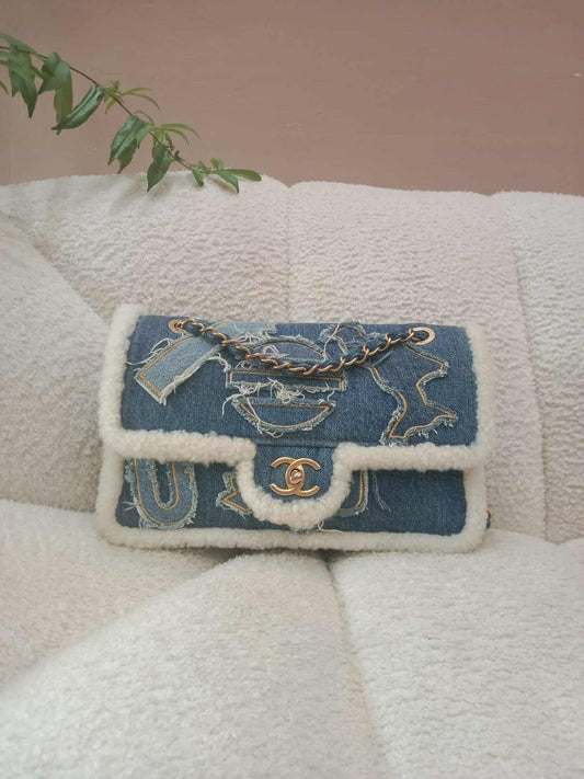 Chanel Paris-Egypt Blue Denim & Shearling Hieroglyph Flap Bag from the 2019 Metiers d'Art Collection