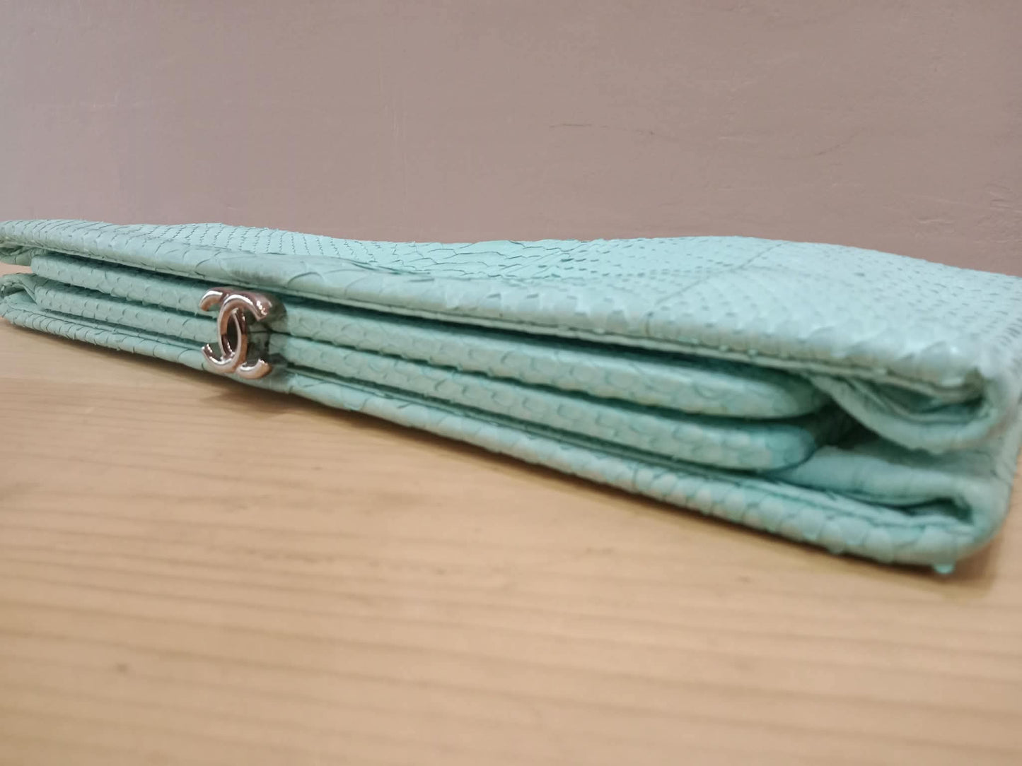 Chanel Mint Green Python Leather Clutch With a Silver-Toned Kiss-Lock Closure Series 15