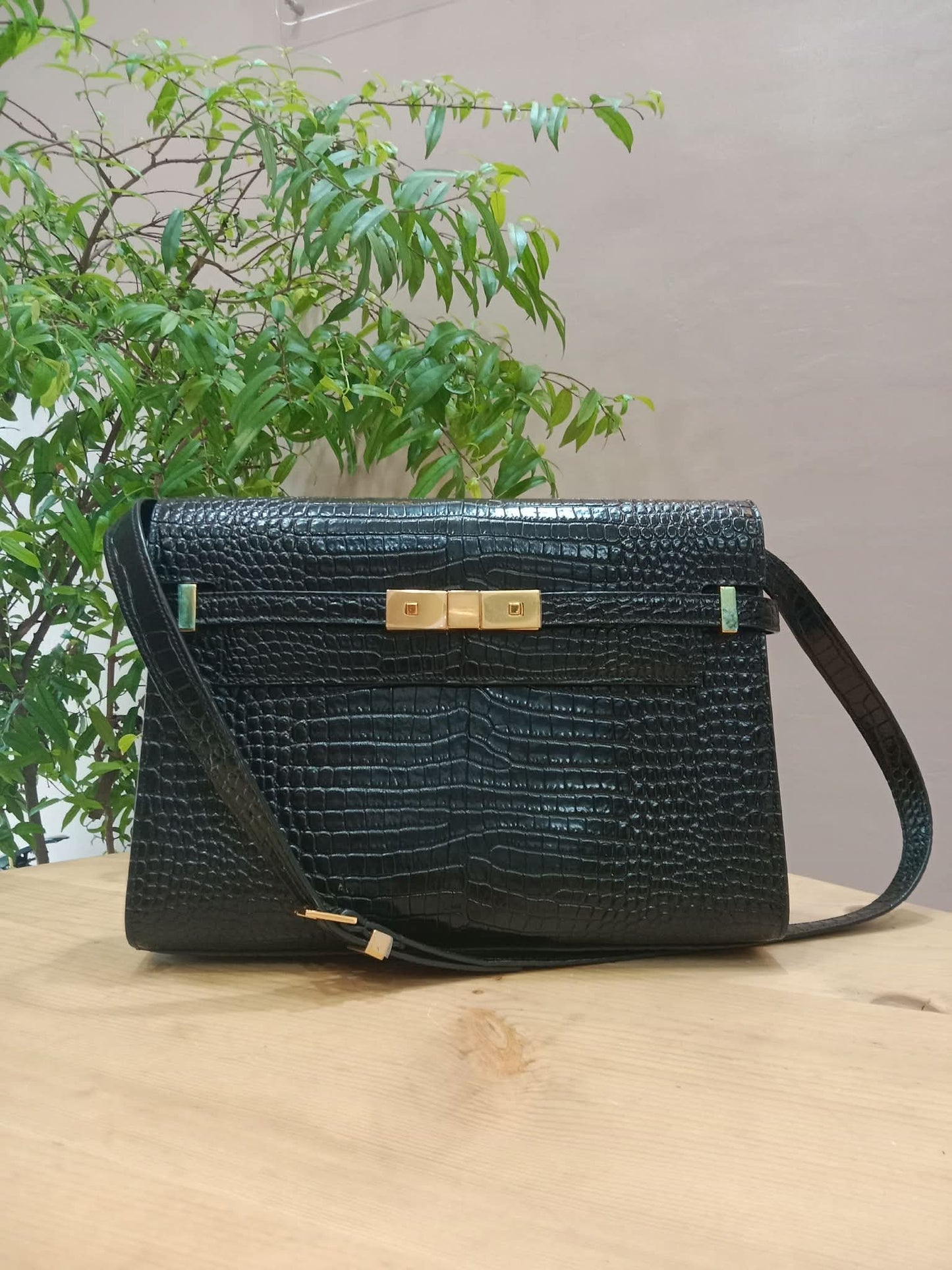 Saint Laurent Manhattan Crocodile Embossed Leather Black