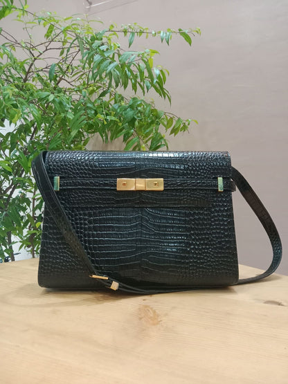 Saint Laurent Manhattan Crocodile Embossed Leather Black