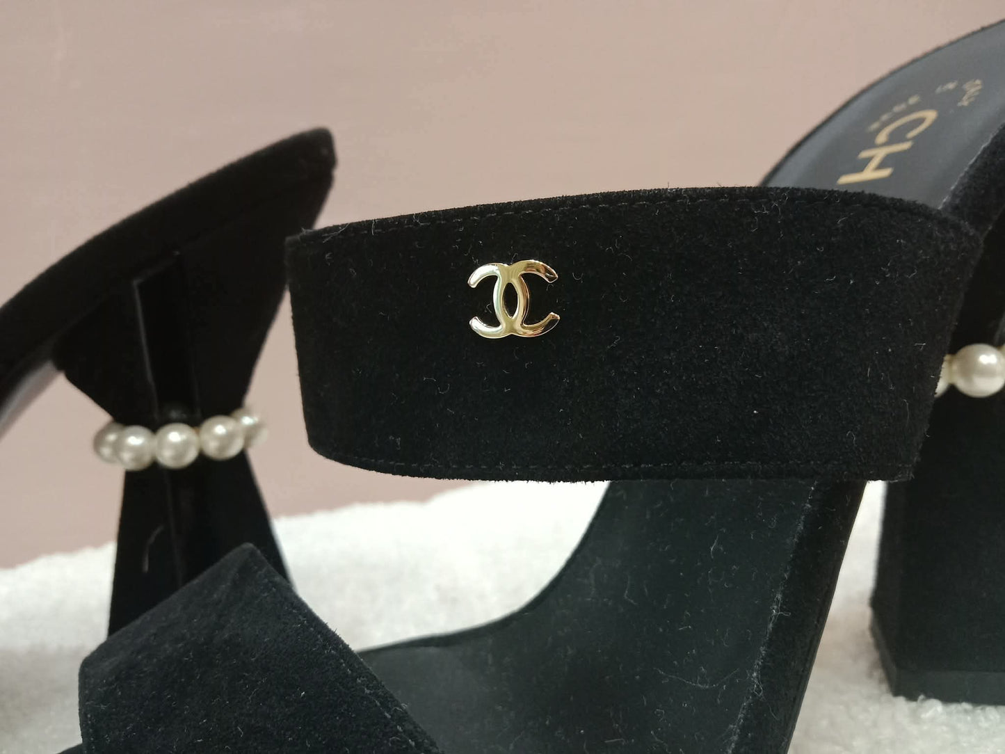 Chanel Pearl Heel Mules Black Suede with Pearl Embedded Heels Size 36