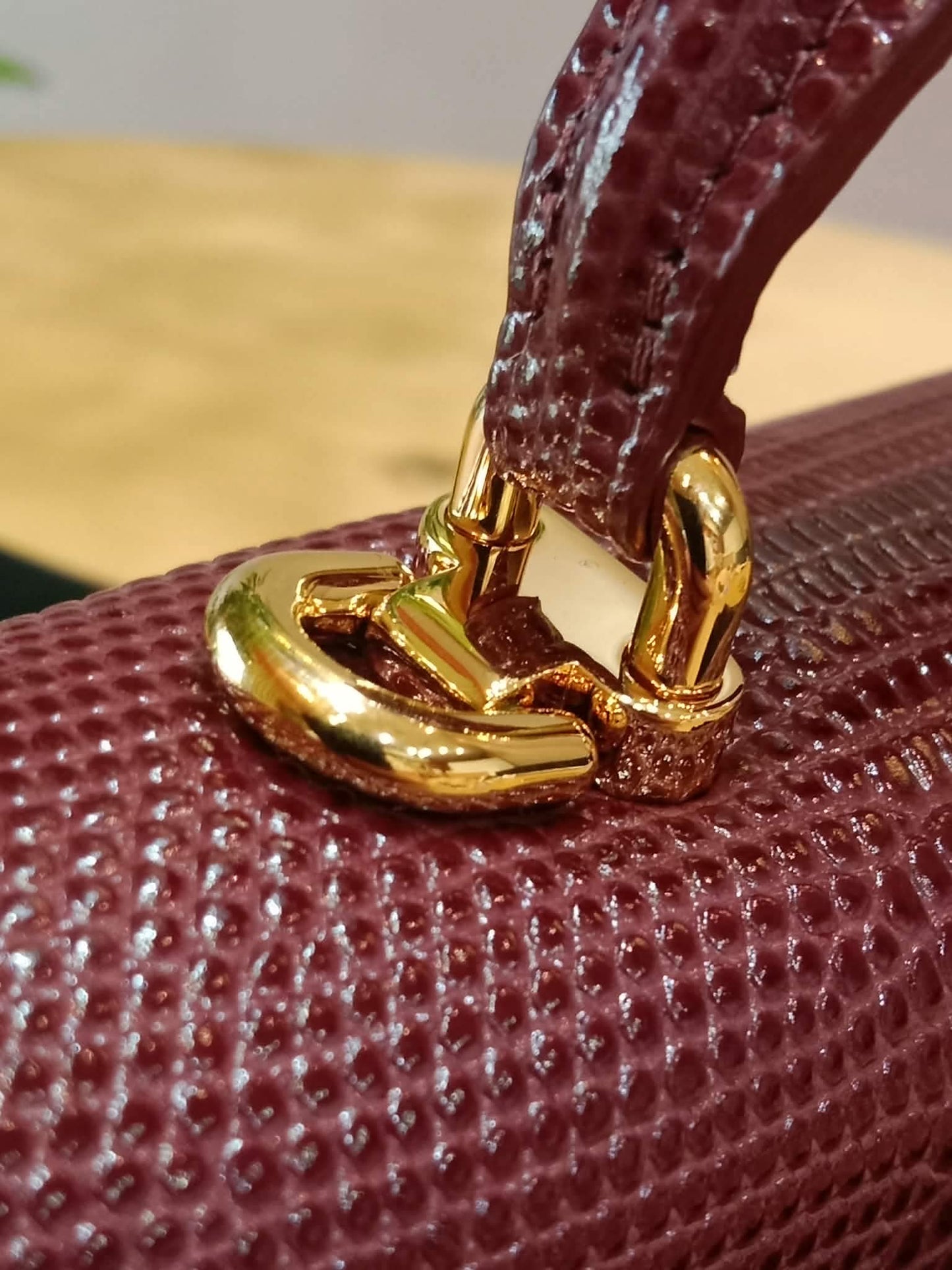 Chanel Tophandle Lizard Embossed Calfskin Clutch Dar Burgundy Microchipped