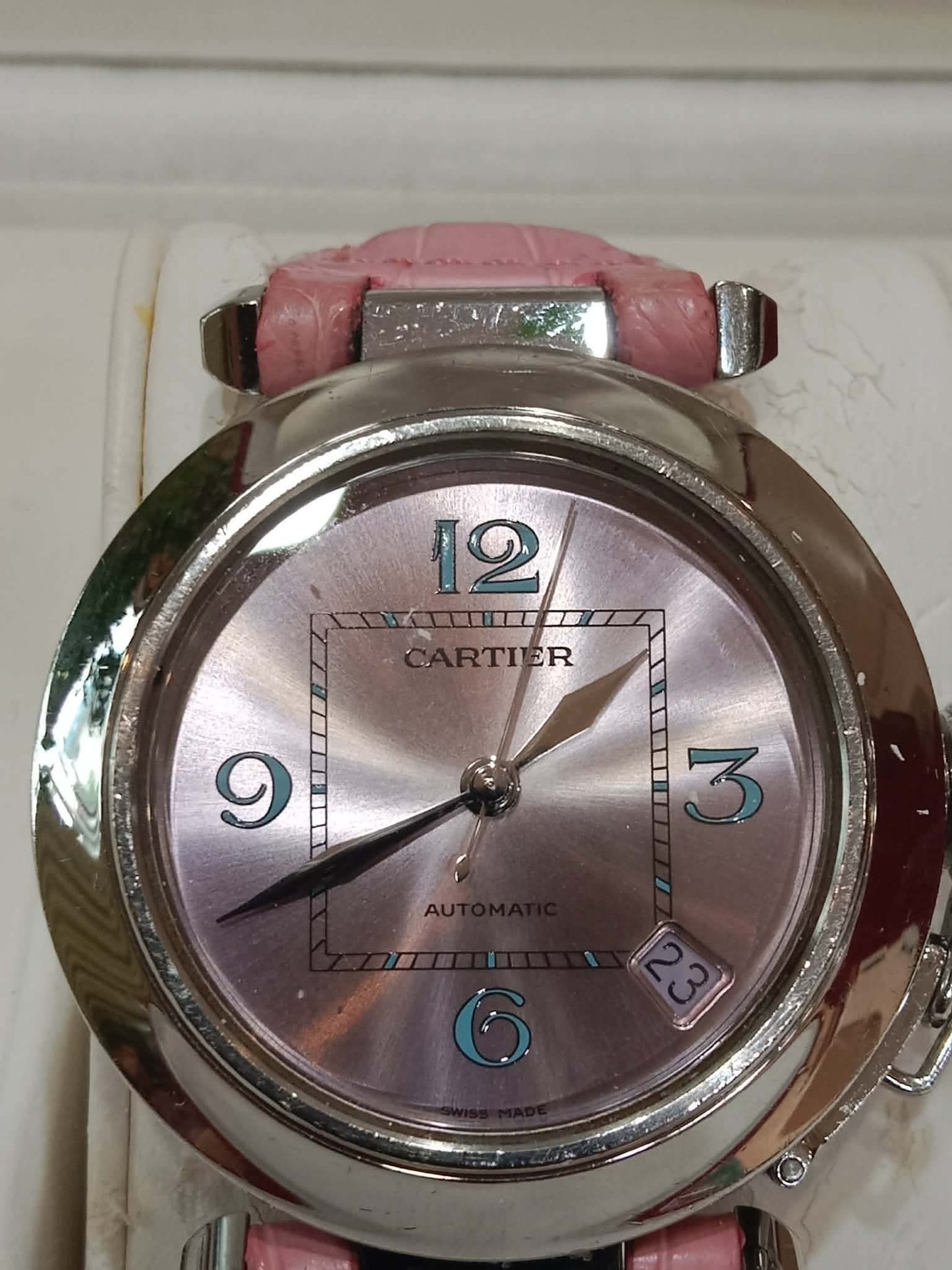 Cartier Pasha C Pink Blue Limited Edition Watch 35mm Stainless Steel Case Pink Alligator Leather Strap