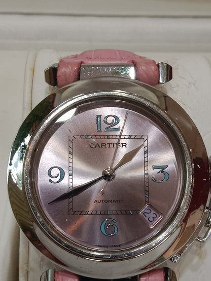 Cartier Pasha C Pink Blue Limited Edition Watch 35mm Stainless Steel Case Pink Alligator Leather Strap