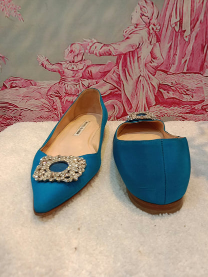 Manolo Blahnik Blue Satin Jewel Buckle Flat Pumps Size 37
