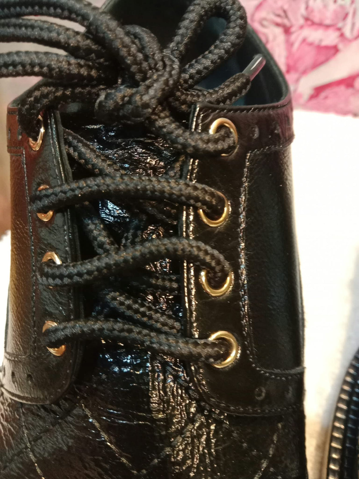 Chanel Quilted Leather Lace-up Oxfords Stacked Heels Black Size 39