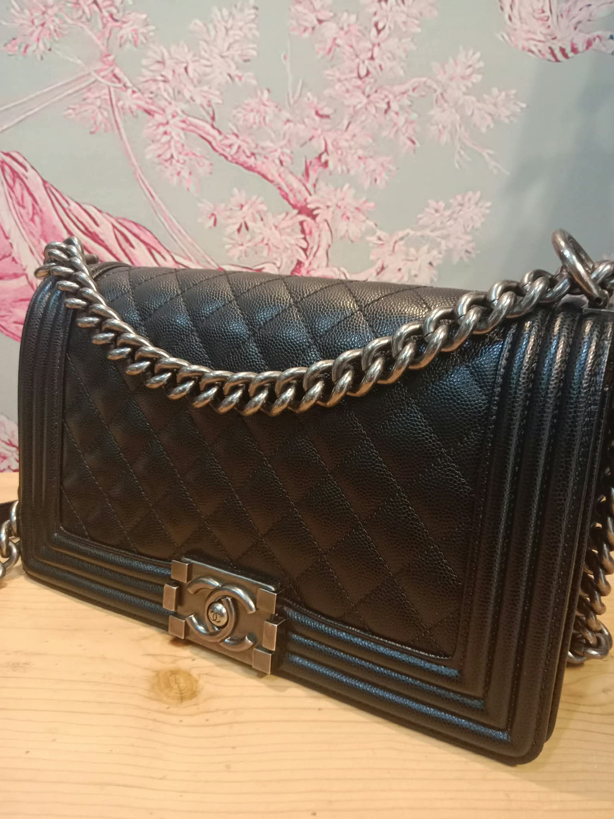 Chanel Boy Flap Black Caviar Old Medium Series 28