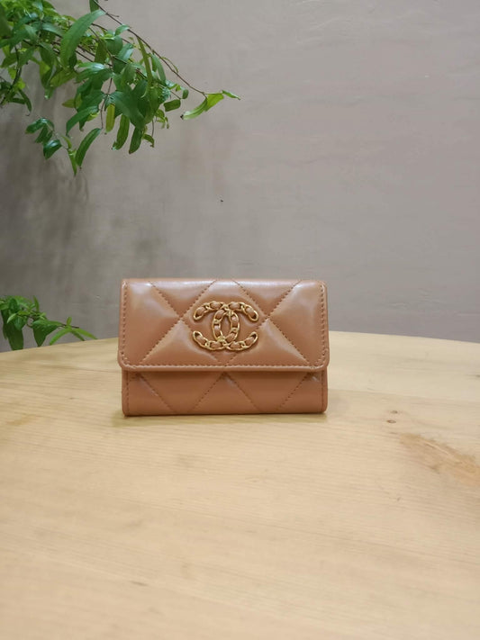 Chanel 19 Trifold Compact Wallet Quilted Lambskin Caramel Microchipped