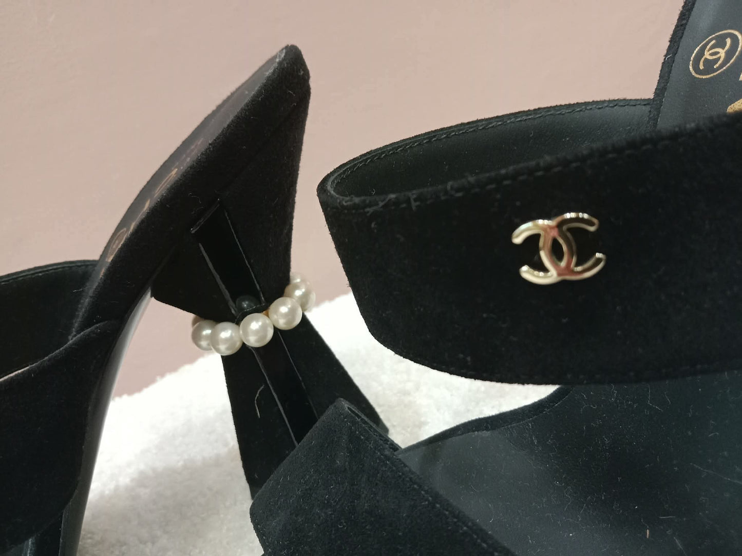 Chanel Pearl Heel Mules Black Suede with Pearl Embedded Heels Size 36