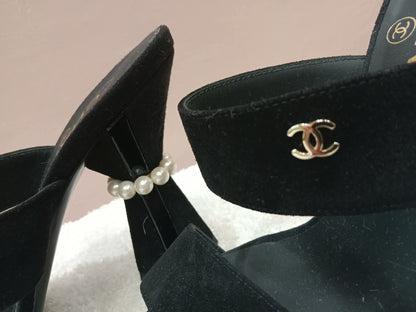 Chanel Pearl Heel Mules Black Suede with Pearl Embedded Heels Size 36