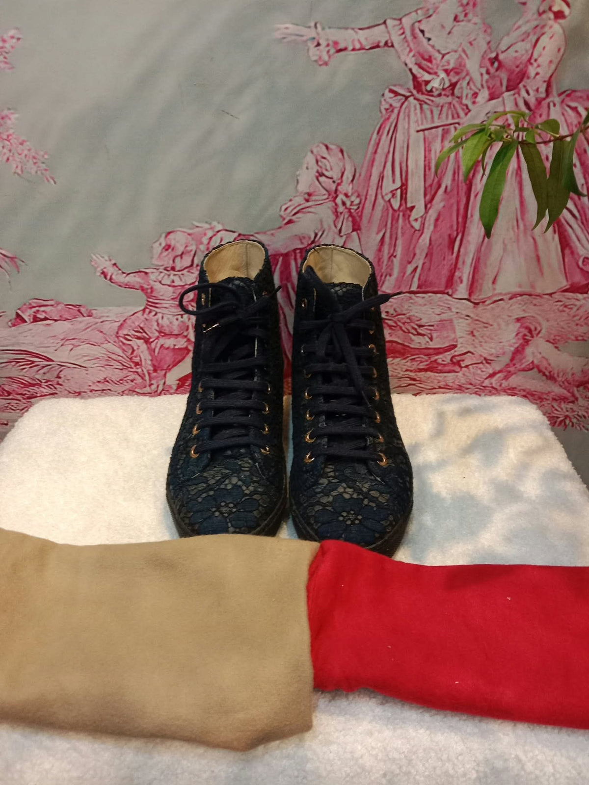 Chanel Navy Blue Floral Lace-Embossed Fabric Hih Top Sneakers Size 37 1/2