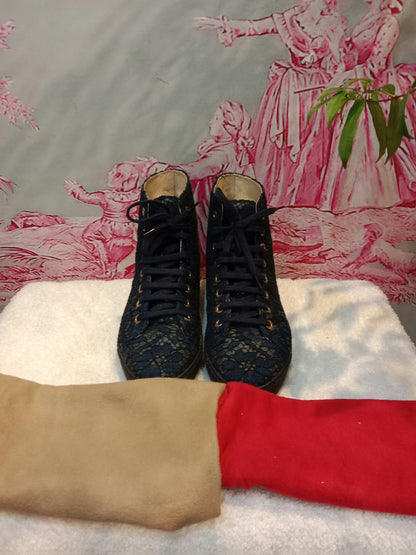 Chanel Navy Blue Floral Lace-Embossed Fabric Hih Top Sneakers Size 37 1/2