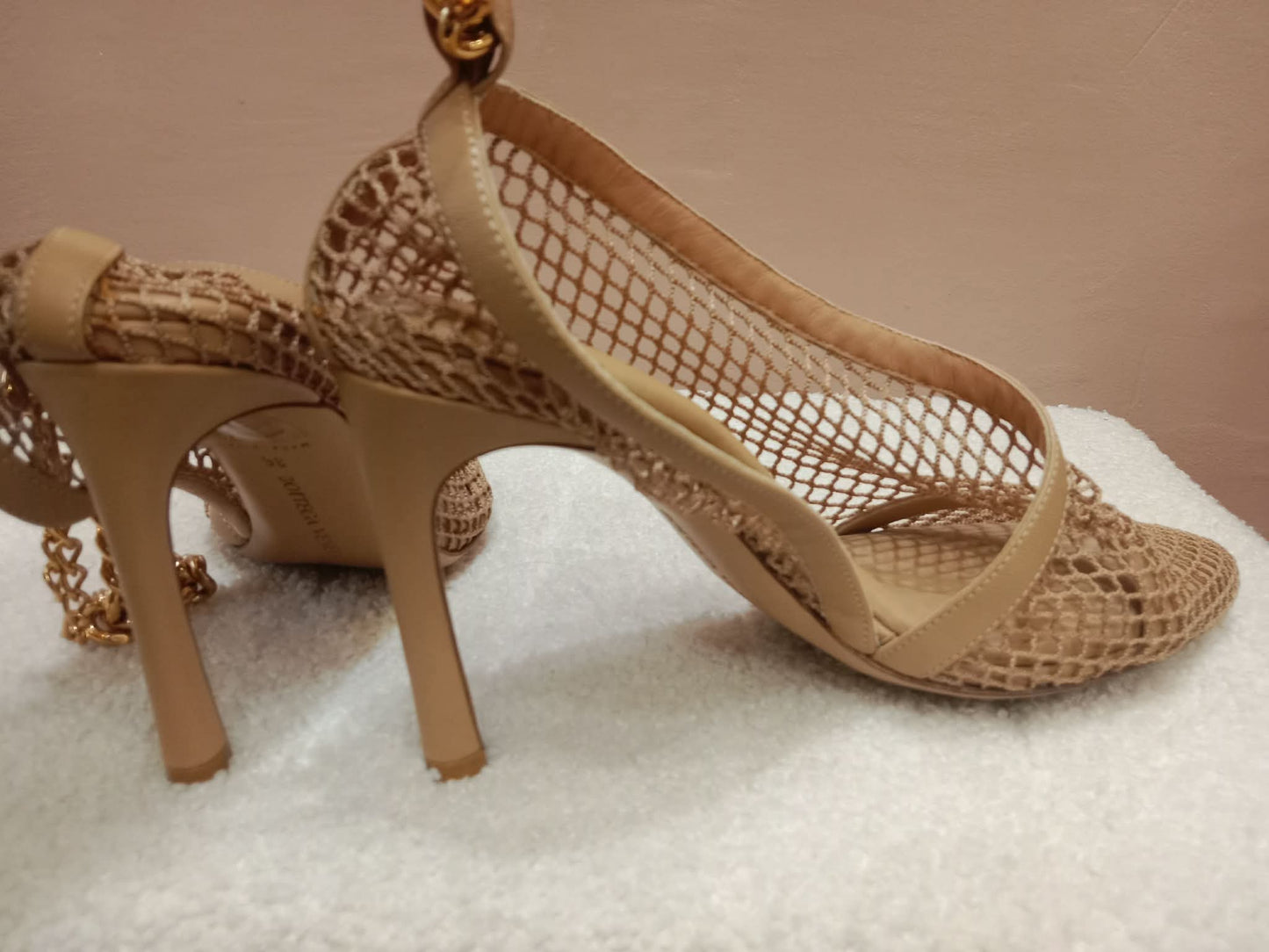 Bottega Veneta Mesh Nappa Chunky Chain Sandals Beige Size 36