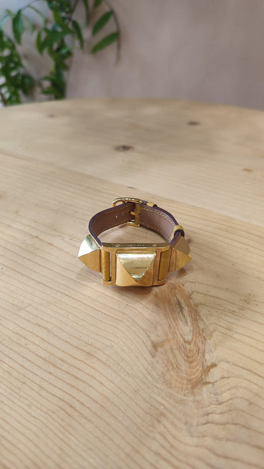 Hermes Vintage Gold Plated Medor Watch Epsom Yellow Stamp Y Circle 1995
