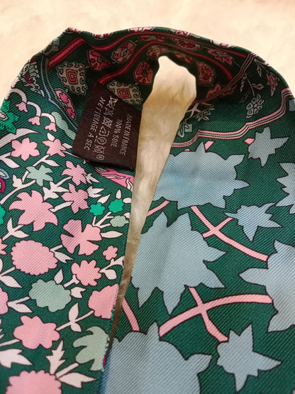 Hermes Tapis Persans Silk Twilly Scarf Featuring an Intricate Floral Pattern in Teal Green/Blue/Pink