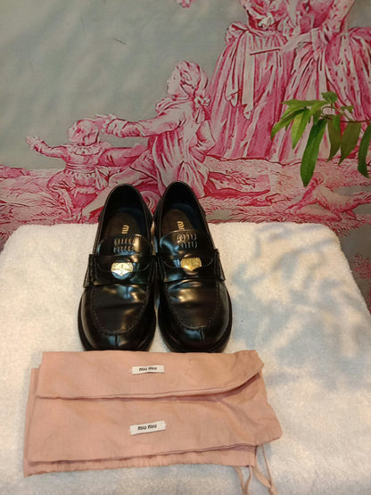 Miu Miu Brushed Penny Loafers Leather Black Size 35