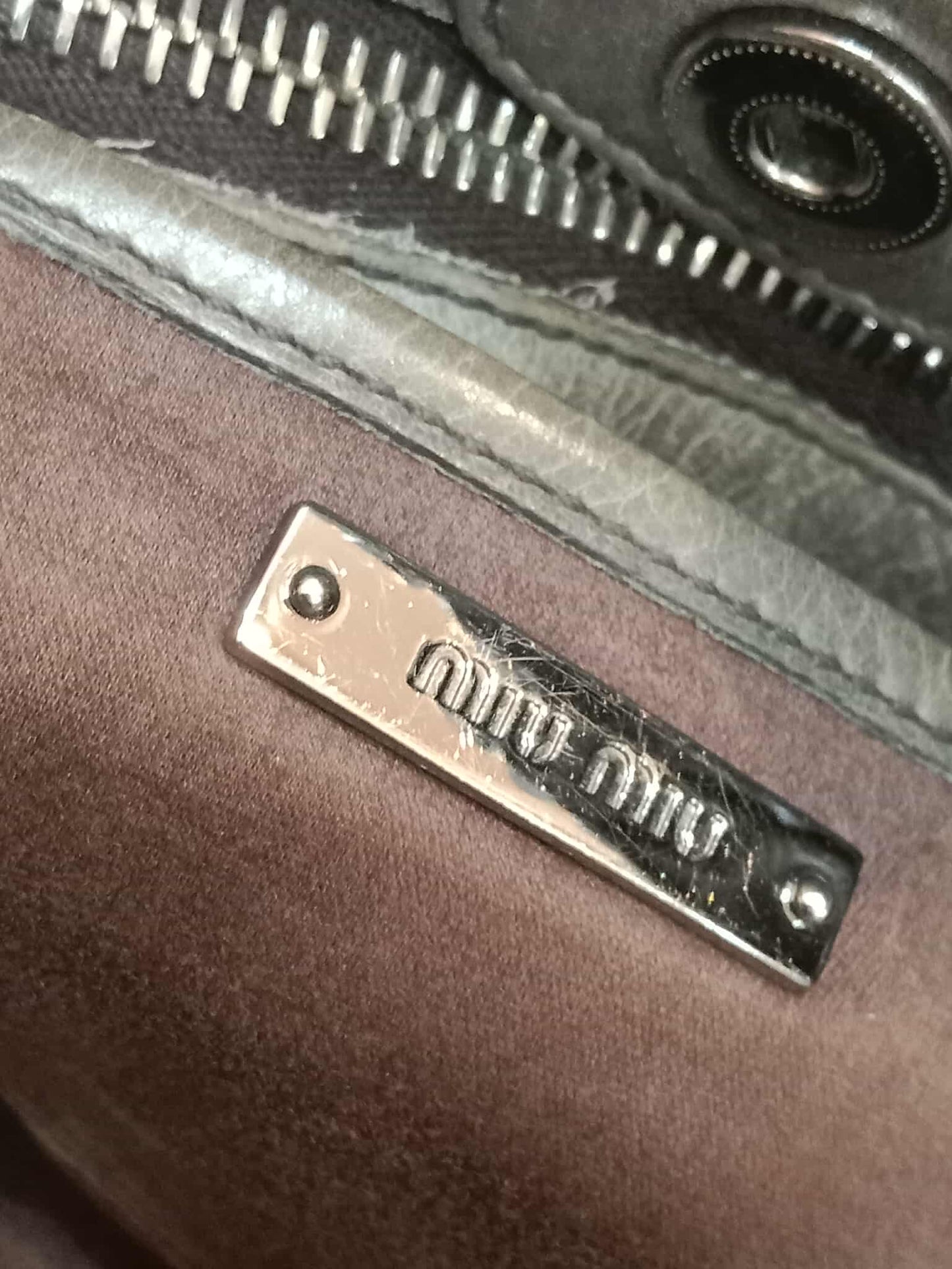 Miu Miu Leather Tote Bag Grey with Crystal Embellished Strap