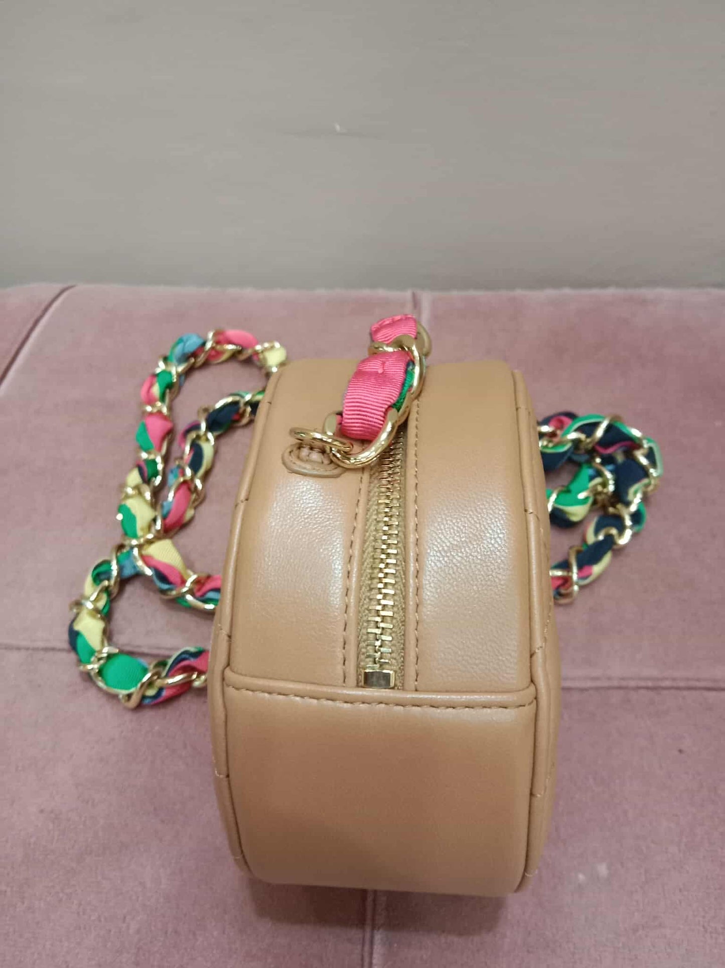 Chanel 21P Round Clutch Lambskin with Multicolor Ribbon-Woven Chain Strap Caramel Series 30