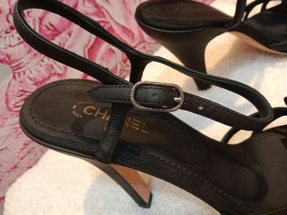 Chanel Ankle-Strap Tiered Bow CC Logo Sandals Black Size 37 1/2