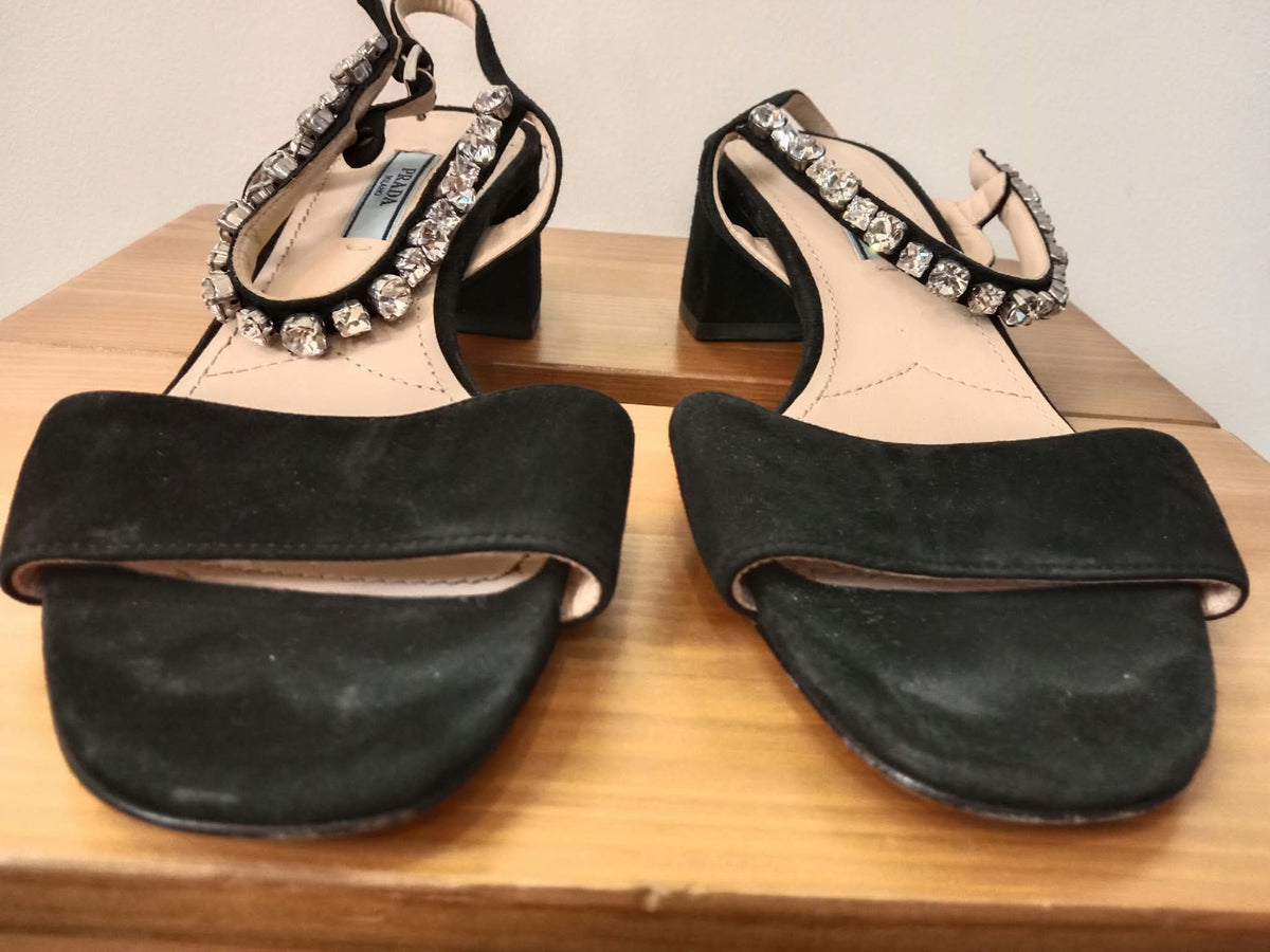 Prada Black Satin Crystal-Embellished Sandals Size 37