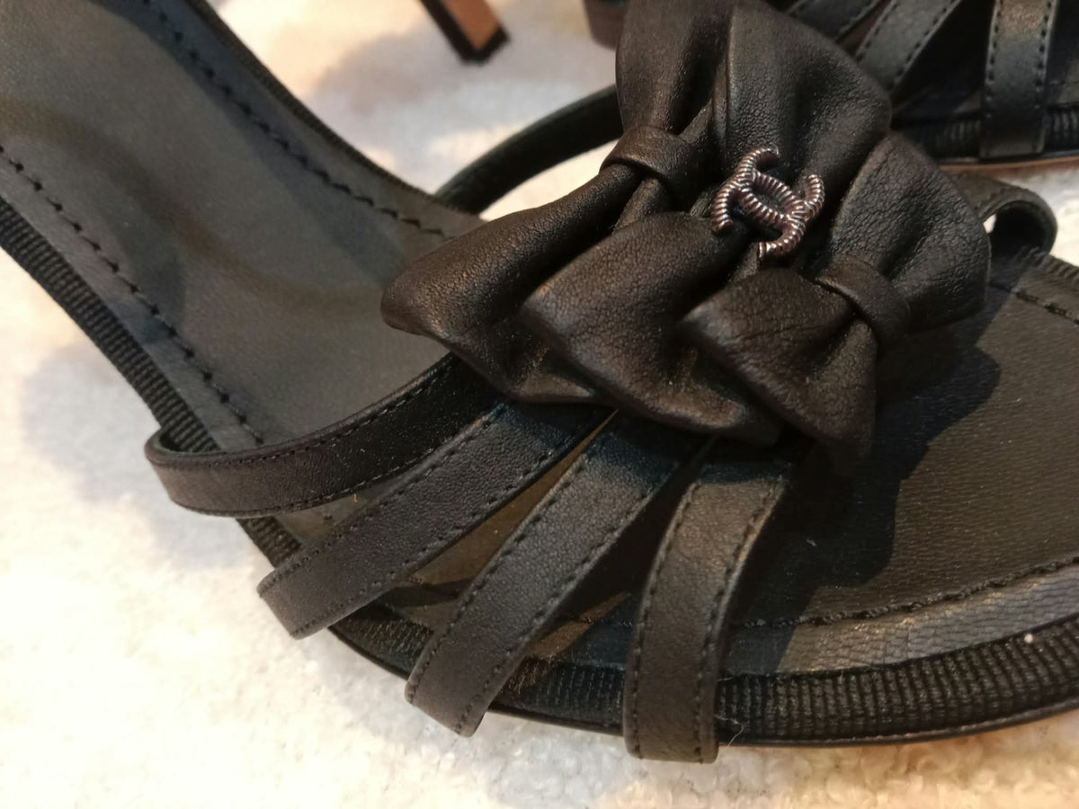Chanel Ankle-Strap Tiered Bow CC Logo Sandals Black Size 37 1/2