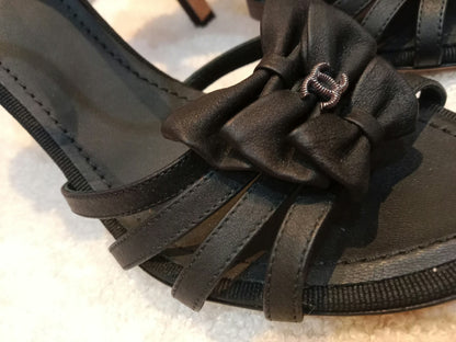 Chanel Ankle-Strap Tiered Bow CC Logo Sandals Black Size 37 1/2