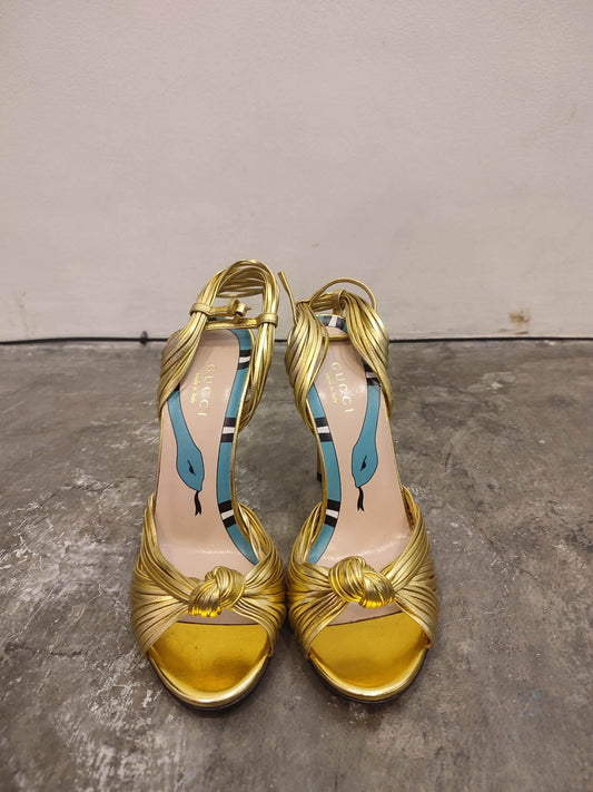 Gucci Allie Knotted Metallic Gold Heels Size 35