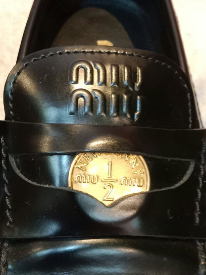 Miu Miu Brushed Penny Loafers Leather Black Size 35