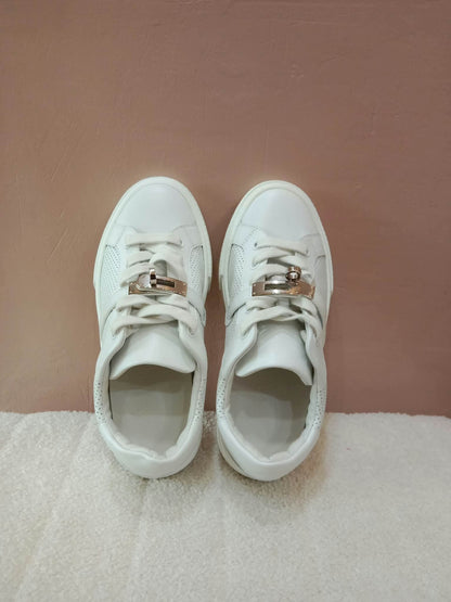 Hermes Day White Kelly Sneakers Rose Gold Buckle Size 35