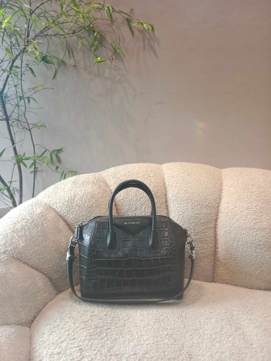 Givenchy Iridescent Black Crocodile Embossed Leather Antigona Bag