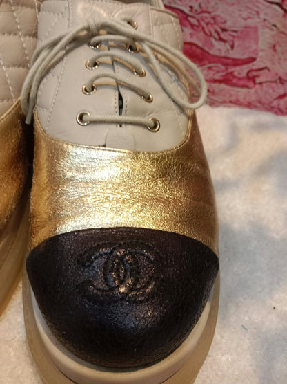 Chanel Interlocking CC Logo Metallic Gold/Beige Lace-up Sneakers with Black Cap Toe Size 35