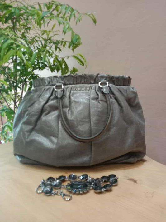 Miu Miu Leather Tote Bag Grey with Crystal Embellished Strap